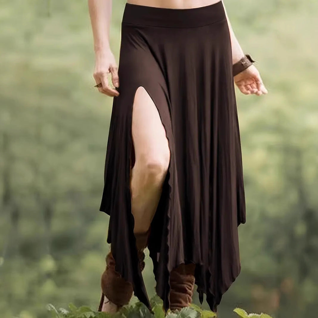Womens Solid-Color Irregular Elastic-Waist Skirt