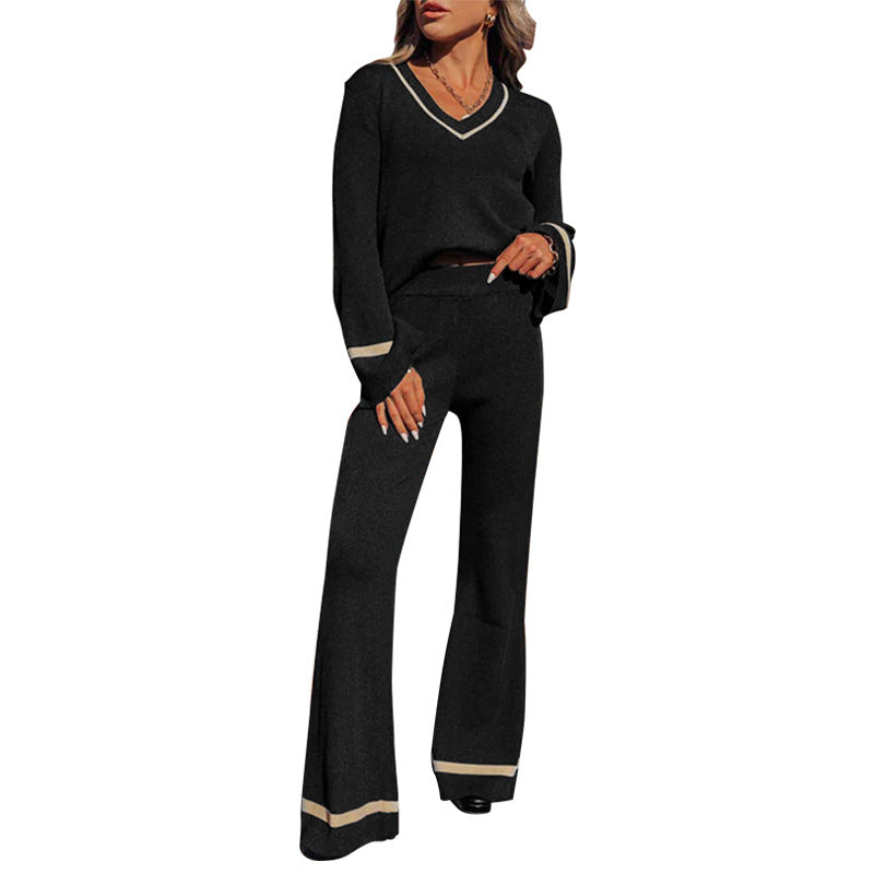 New European And American Autumn And Winter Leisure Contrast Color Two-piece Set For Women