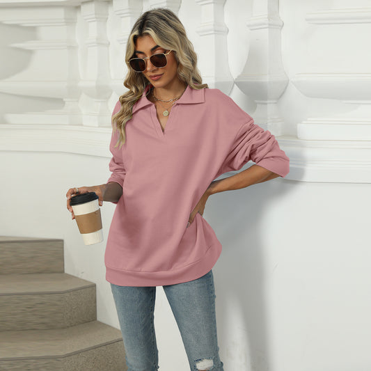 Ny Revers V-hals Sweatshirt Mode Afslappet Løs Ensfarvet Langærmet Pullover Top til Damebeklædning