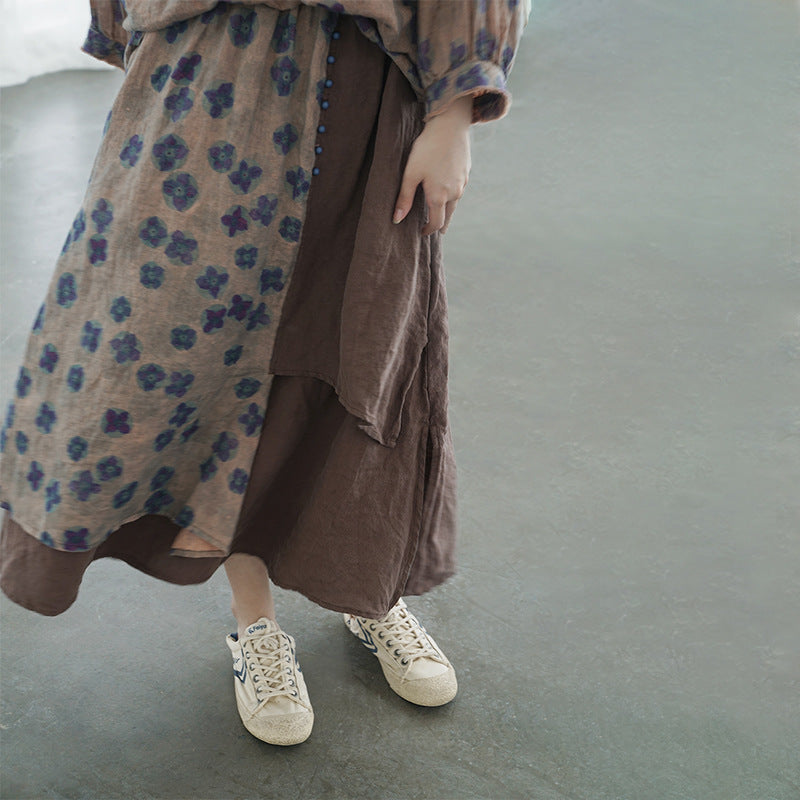 Retro Nostalgic Blue Dyed Printed Irregular Long Dress
