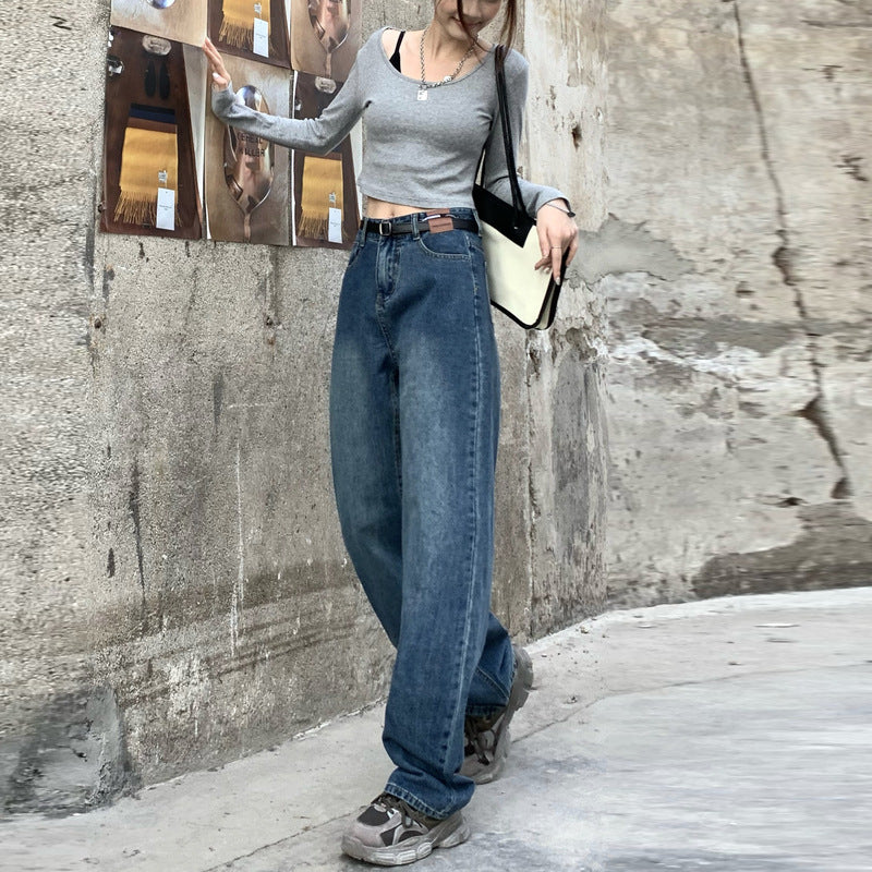 Højkvalitets populære retro straight jeans til kvinder