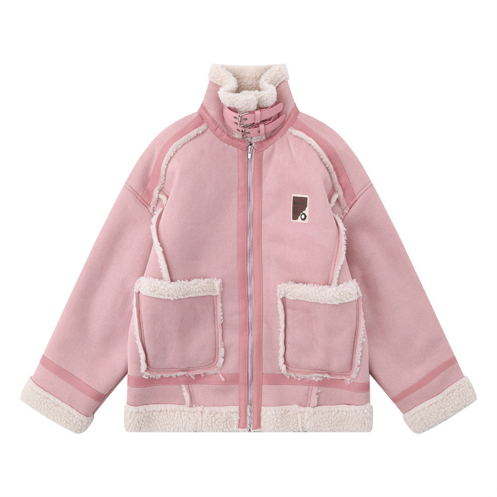 Lamb Wool Stand-up Collar Cotton-padded Clothes Stitching Fur Coat