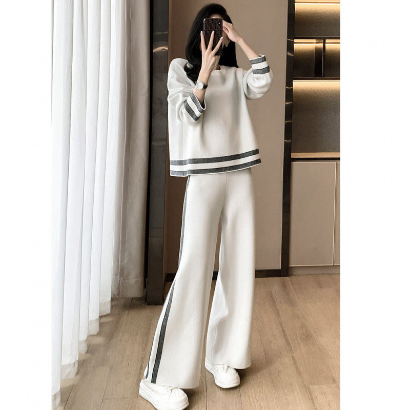 New Springautumn Womens Fashion Plus-size Wide-leg Pants Two-piece Set
