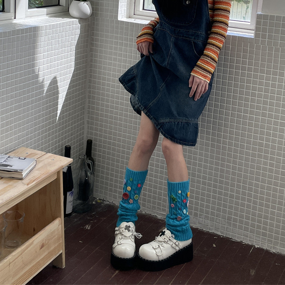 Design Handmade Button Pin Multicolor Socks