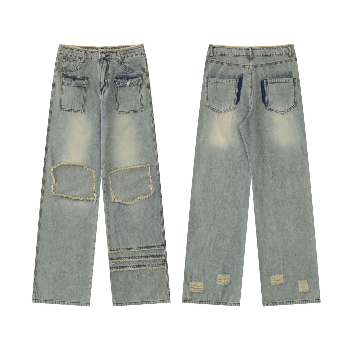 American-style Retro Straight Knee-exposed White Fashion Brand Ripped Jeans For Women