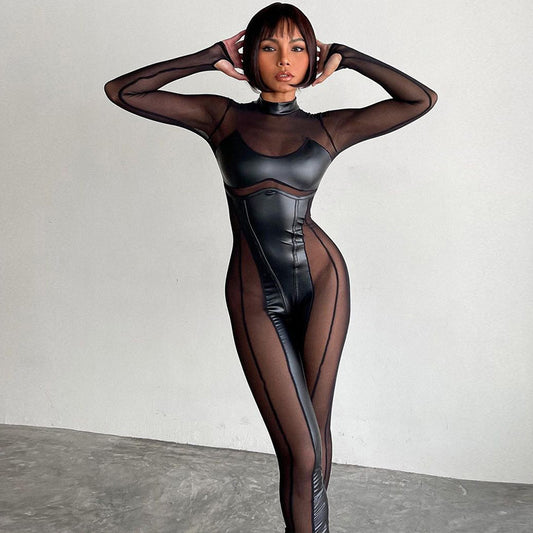 New Ins Stitching Mesh Round Neck Back Long-sleeve Zipper Jumpsuit