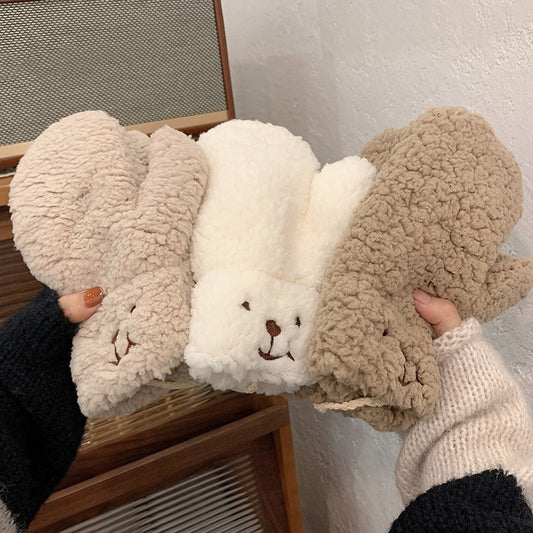 Women's Fashion Warm Thick Cartoon Bear Plush Gloves