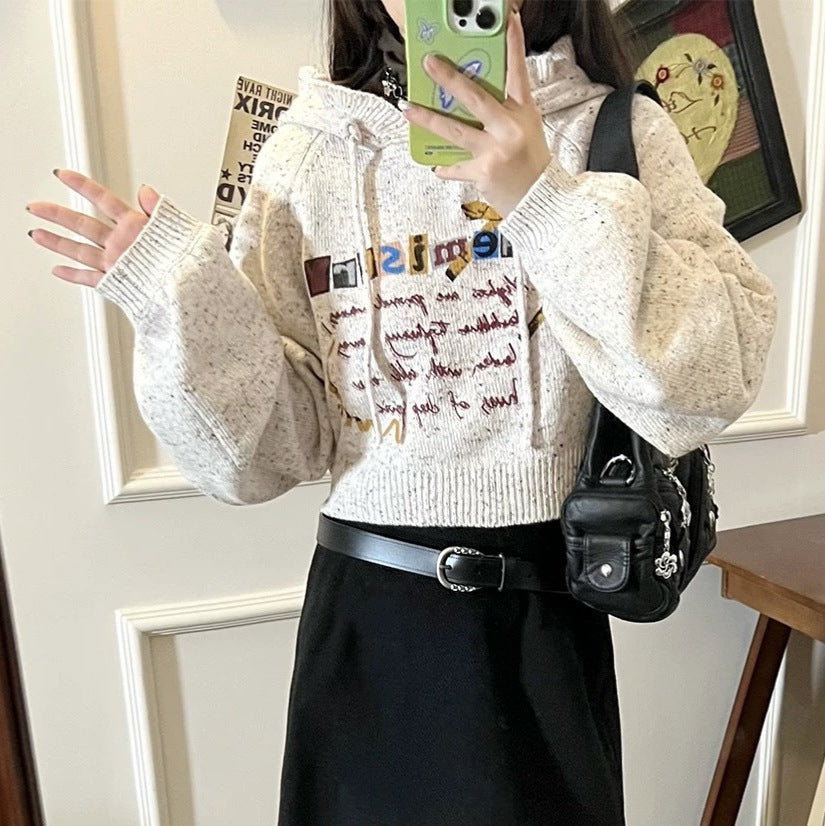 Retro Hooded Short Raglan Sleeve Coat Age-reducing Hand-painted Printed Sweater