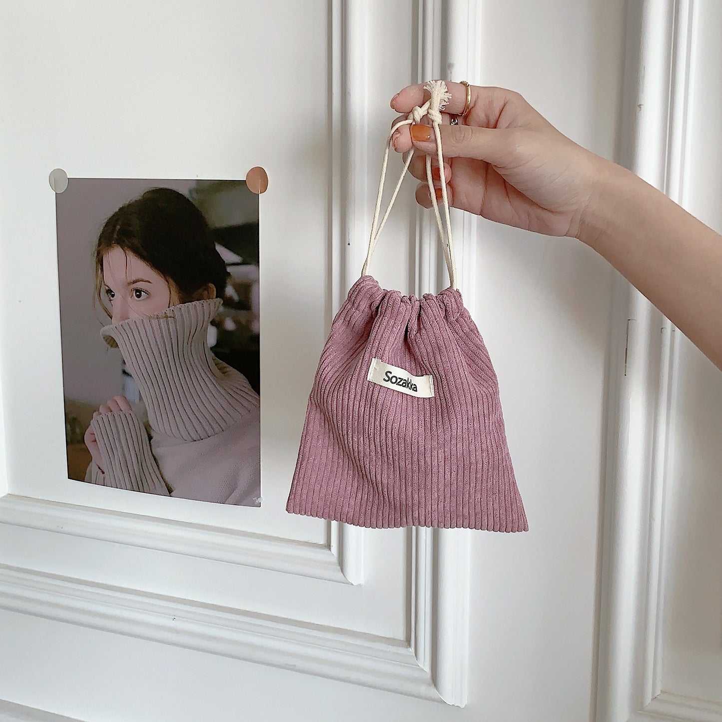 Solid Color Corduroy Buggy Bag Drawstring Bundle Cosmetic Bag