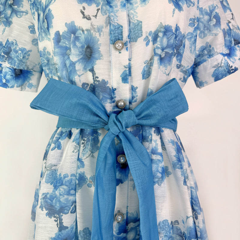 Single Breasted Bubble Sleeve Printed Lace Up Dress