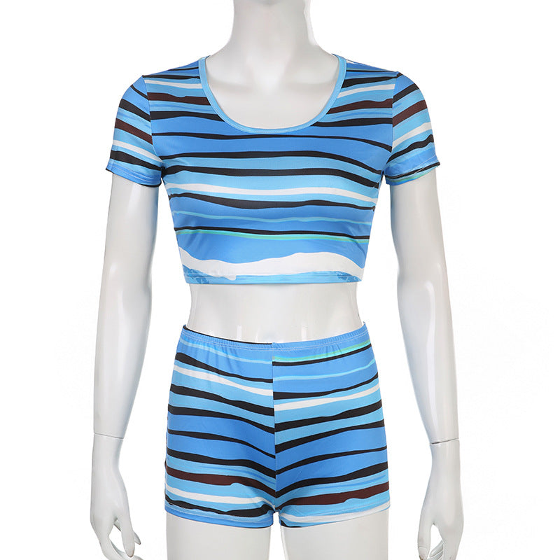 European And American Style Casual Women's Wear Striped Printed Contrast Color Round Neck Top And Shorts Suit