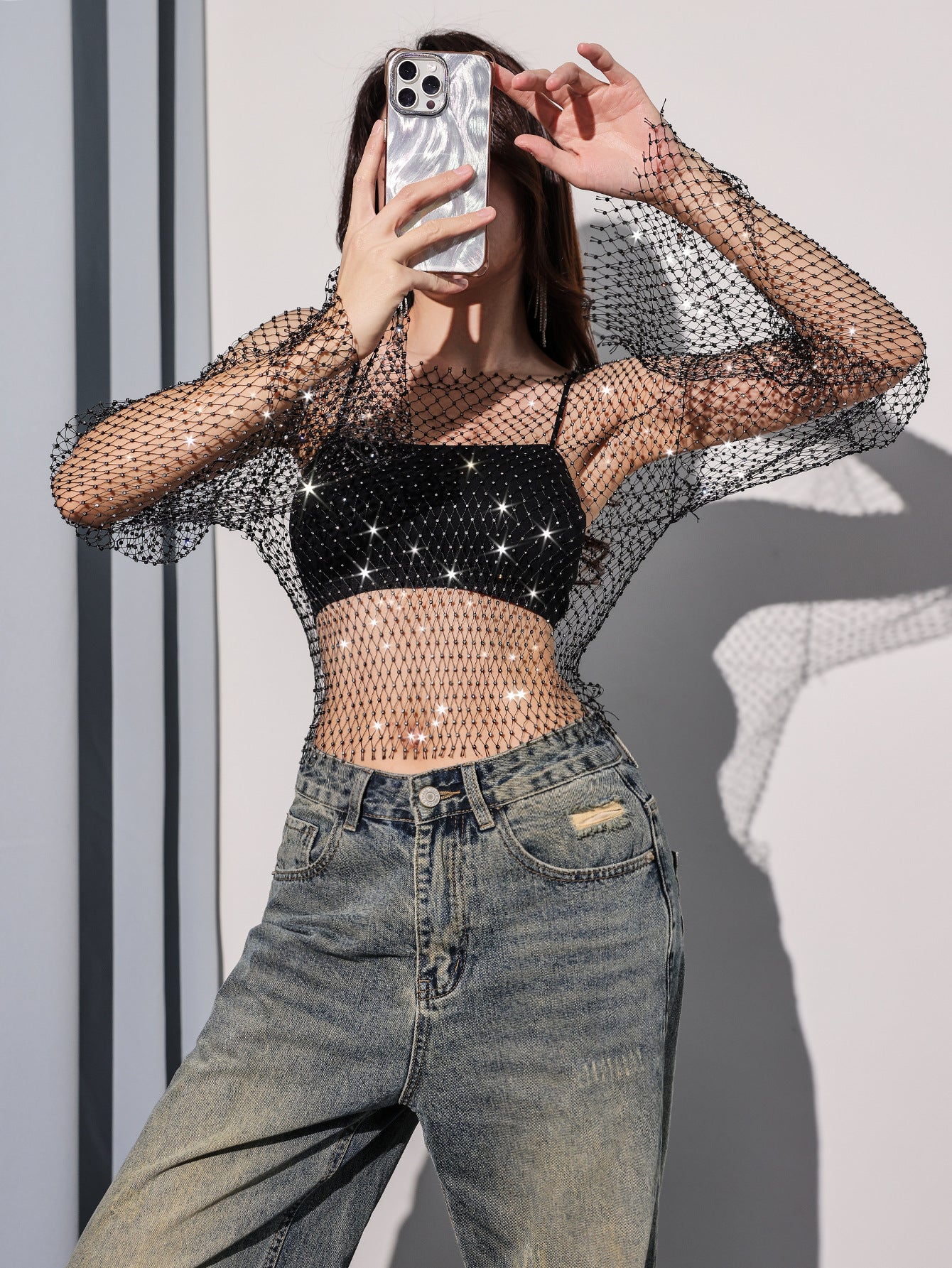 Fishnet Rhinestone Sexy Hollow-Out Summer Beach Womens T-Shirt Top