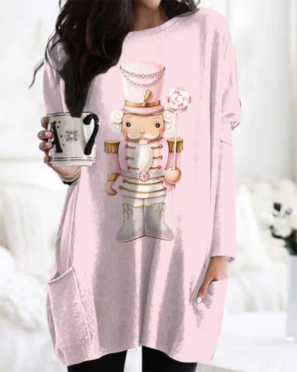 Printed Round Neck Long Sleeve Women's Bag Hip Dress