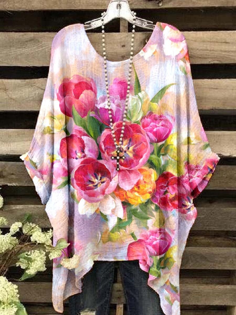 Ethnic-style Printed Loose-fitting Irregular Plus-size Batwing Top
