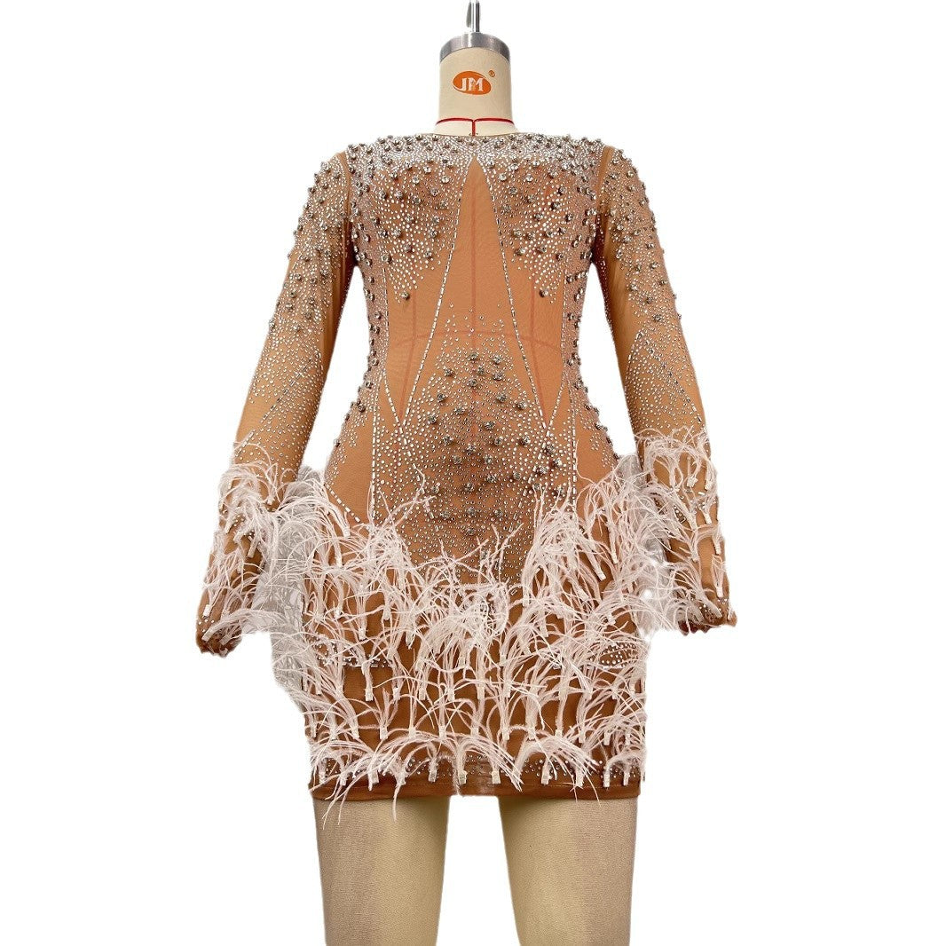 Fashionable Beaded Feather Round-Neck Dress