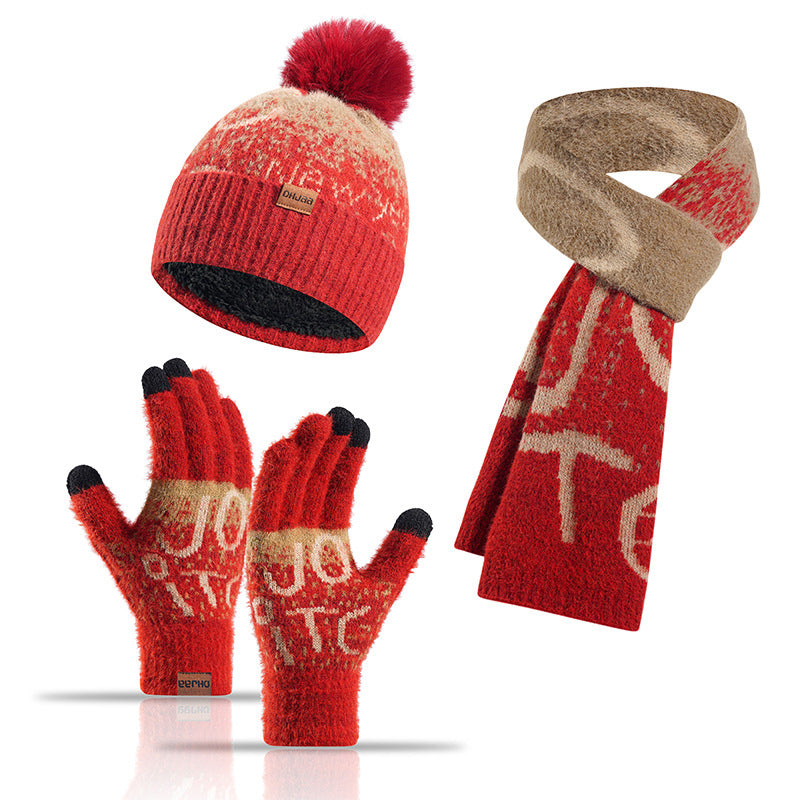 Ladies Jacquard Thickened Faux Mink Scarf Hat Gloves Three-Piece Set