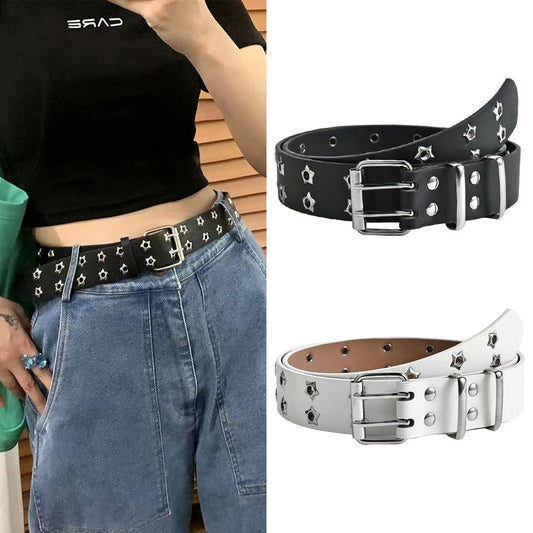 Double-Row Eyelet Belt With Hollowed-Out Design Casual Punk Leather Belt For Women