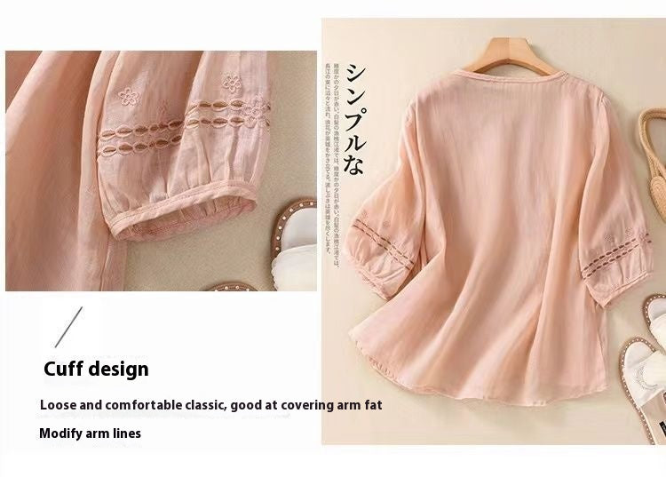 Spring And Summer Loose Artistic Vintage Cotton And Linen Embroidered Shirt