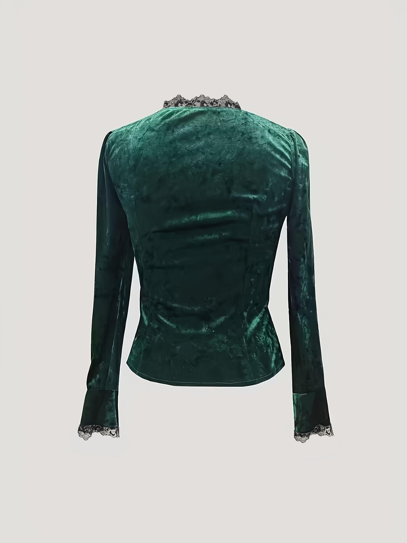 Elegant Sophisticated Solid-color Lace-trimmed Long-sleeve Top With Panel Detailing