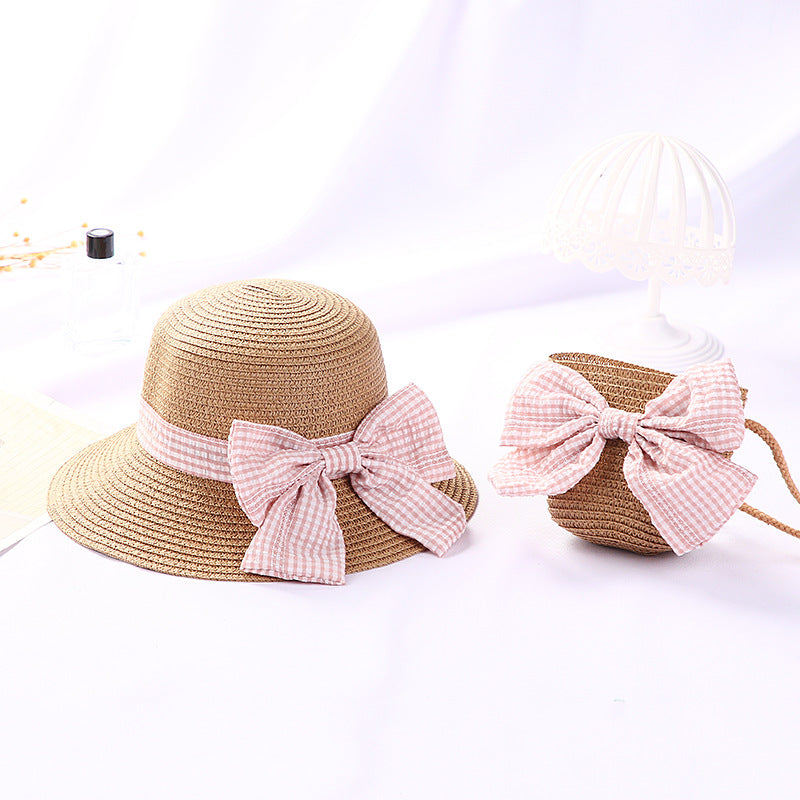 New Girls Big Bow Sun-proof Straw Hat Bag Set