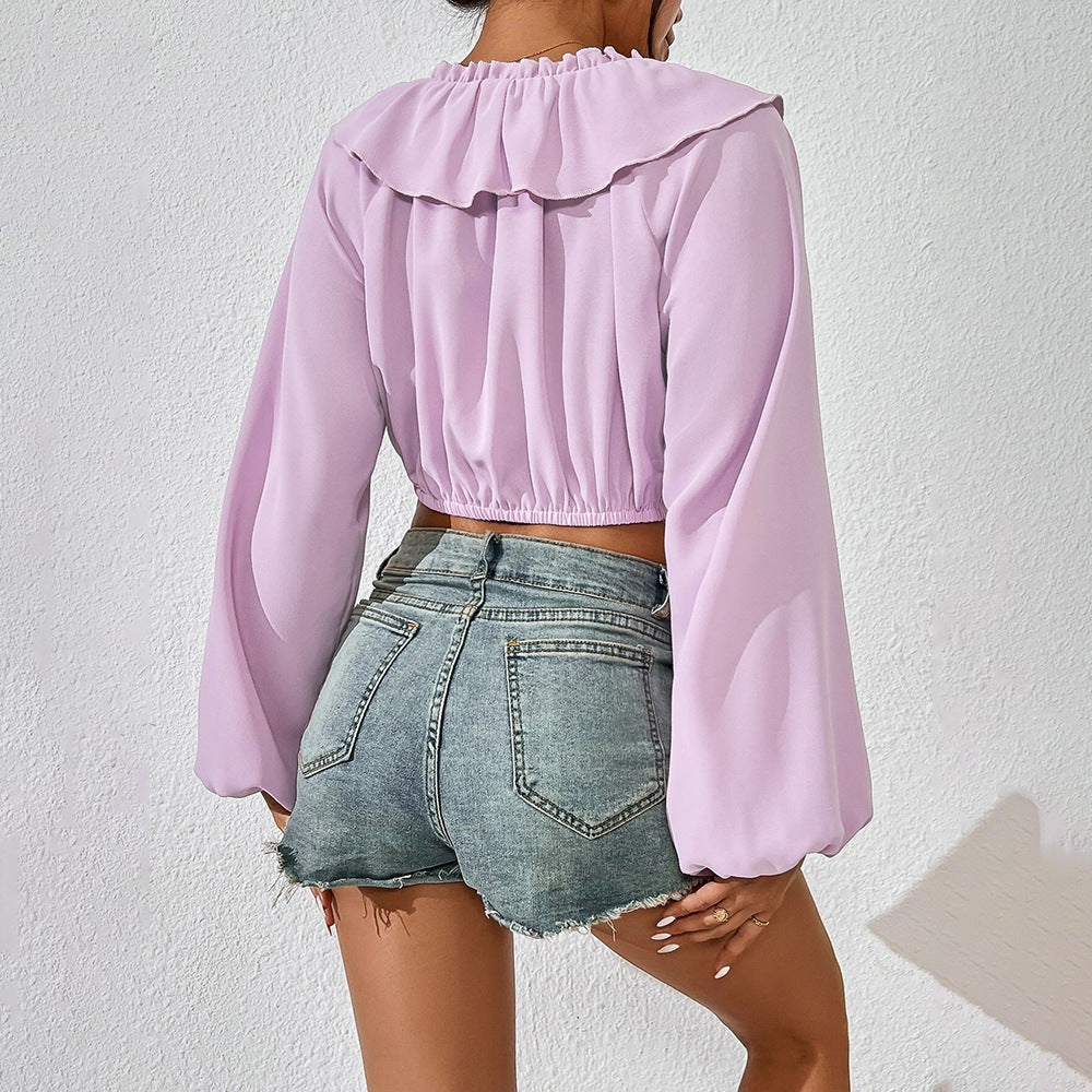 Women's Ultra-short Ruffled Collar Puff Sleeve Long-sleeved Top