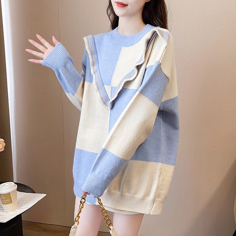 Age-reducing Color Matching Design Round Neck Sweater Loose