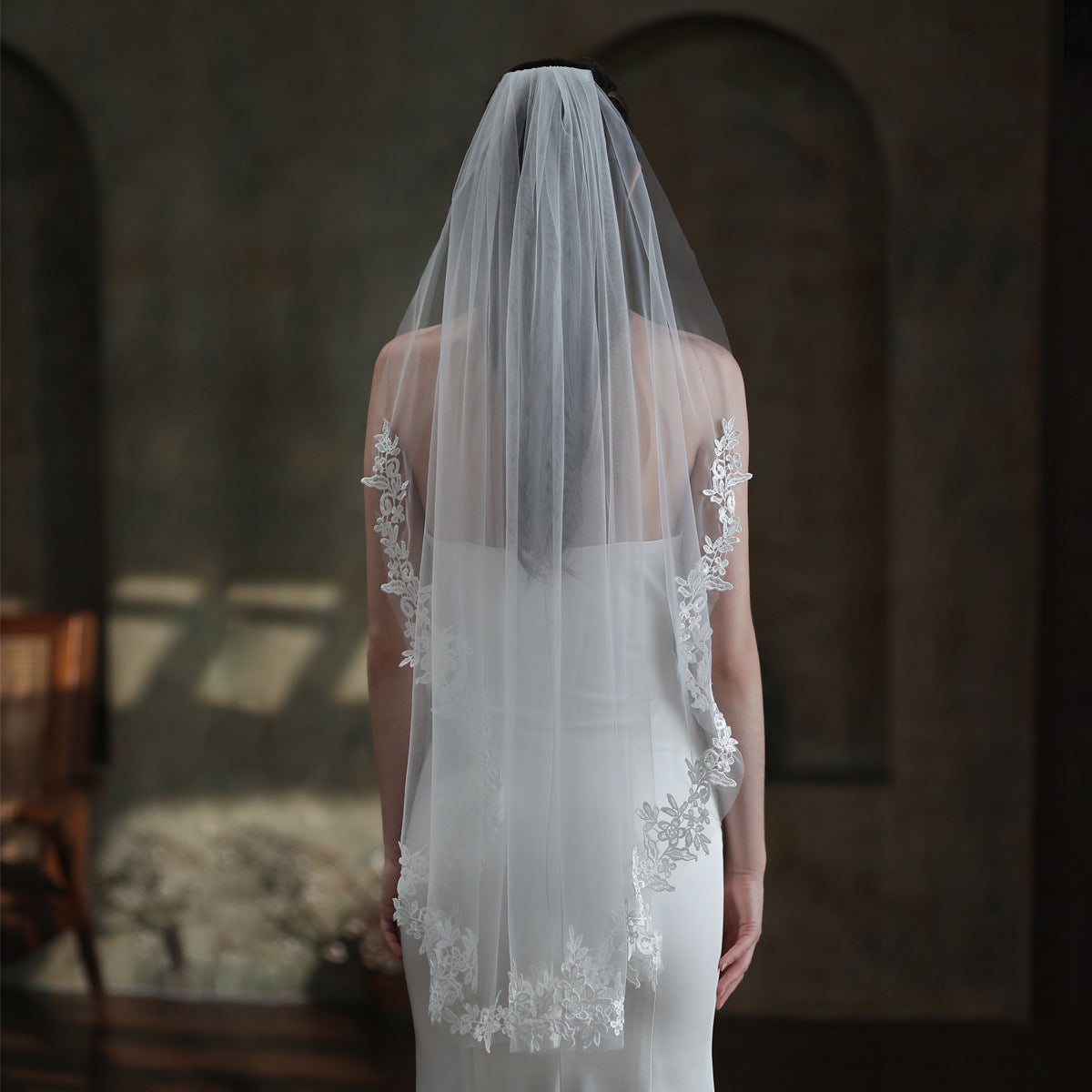 European And American Bride Veil Women's White Single Layer Lace Headdress