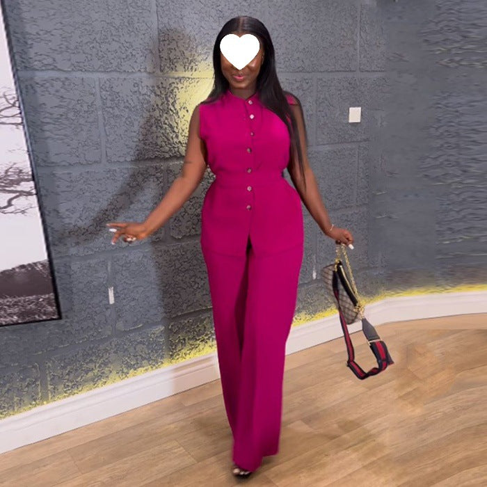 Featuring A Mandarin-collar Button-front Sleeveless Top And Wide-leg Pants