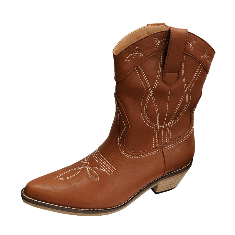 Retro Thick Heel Mid-tube Knight Boots With Pointed Embroidery Thread