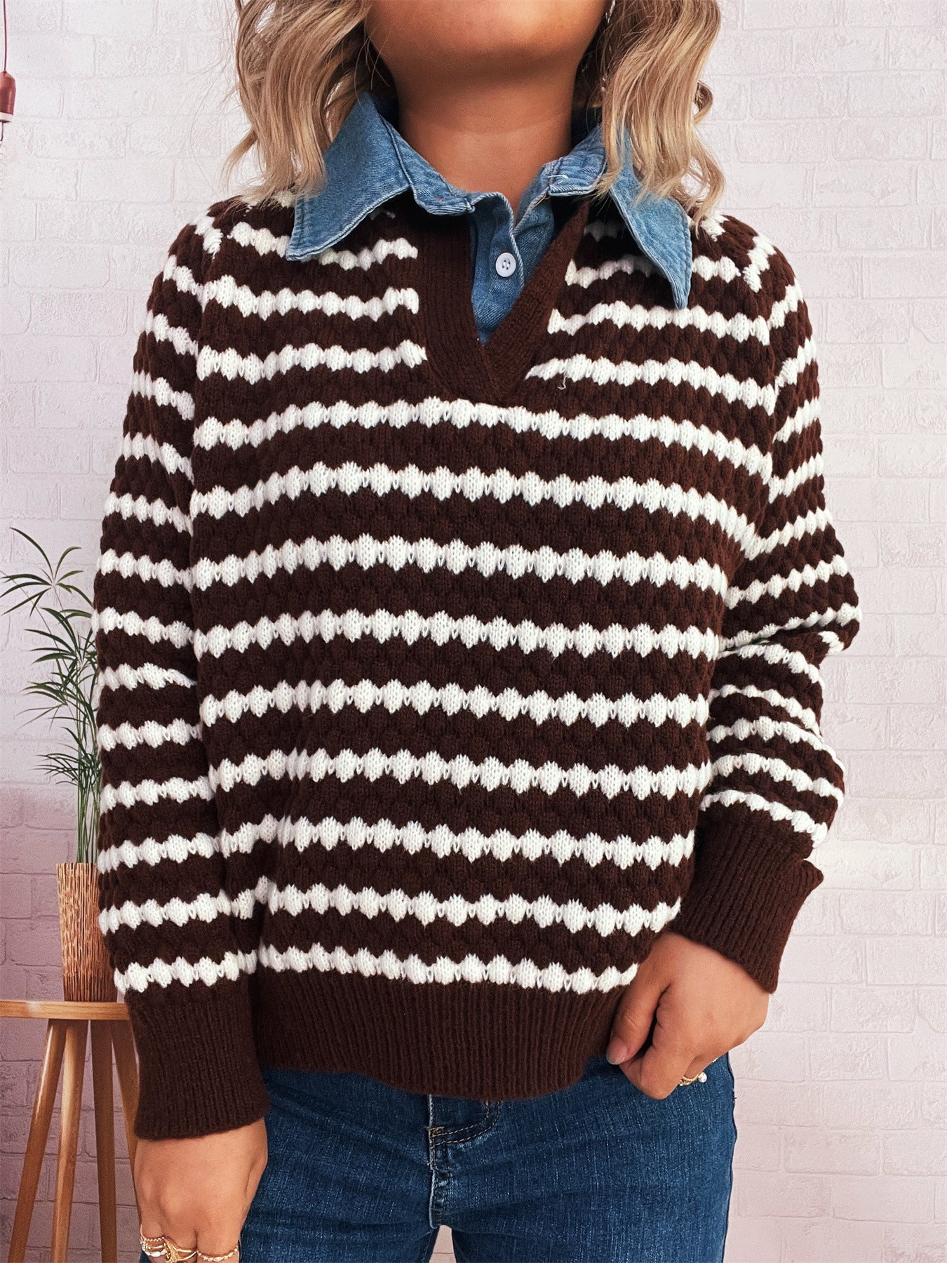 Women's Denim Patchwork Lapel Knitted Stripe Color Block Fake Two-piece Sweater