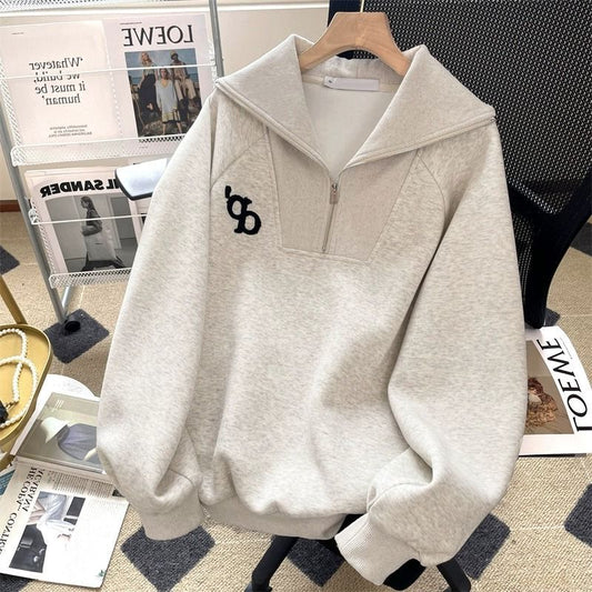 Løs Amerikansk Vintage Grå Revers-Sweatshirt Til Små Kvinder