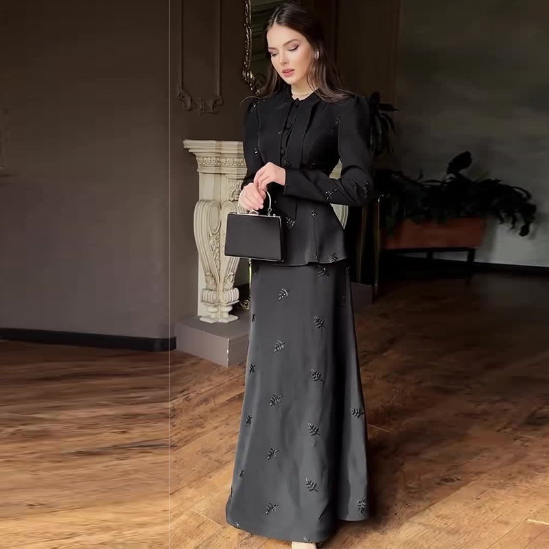 Womens Black Chic Figure-flattering Long-sleeve Suit