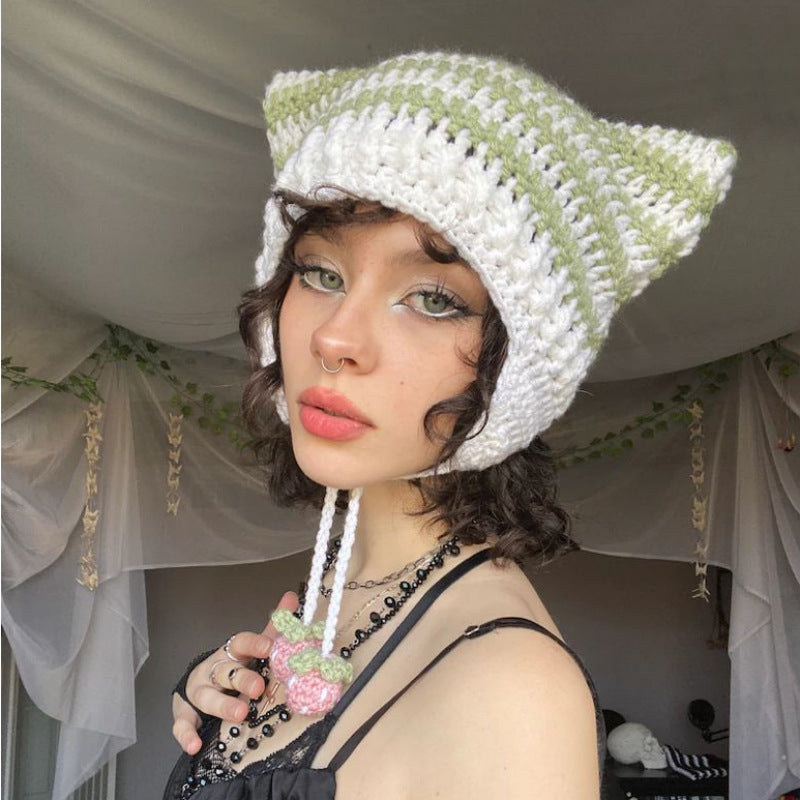 Hand Knitted Striped Woolen Cap