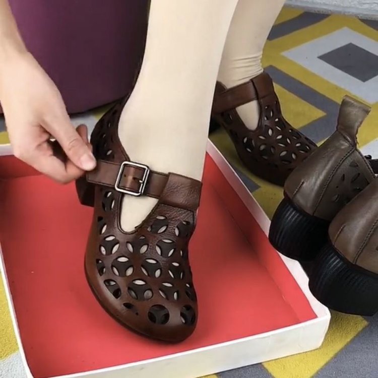 Casual Soft Leather Hollow-out Platform Breathable Sandals
