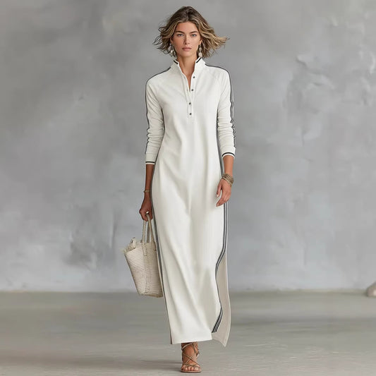 Womens Minimalist White-Bordered Buttoned Stand-Collar Sweater Dress