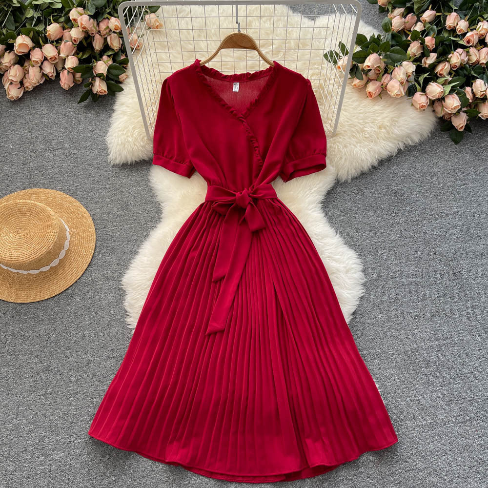 Fashionable Waist-cinching Tie-front Slimming Solid-color Minimalist Dress