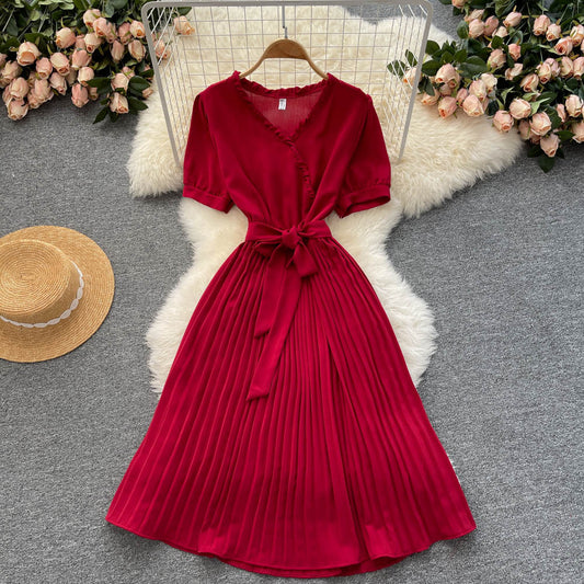 Fashionable Waist-cinching Tie-front Slimming Solid-color Minimalist Dress