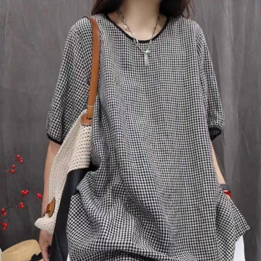 New Vintage-style Loose-fitting Oversized Artistic Top Plaid Casual Versatile Mid-sleeve Shirt
