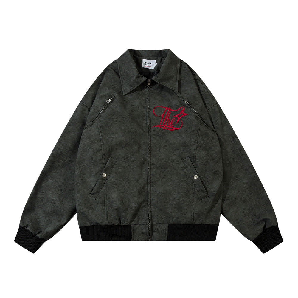 Art Gothic Letter Embroidery Loose Jacket Leather Coat