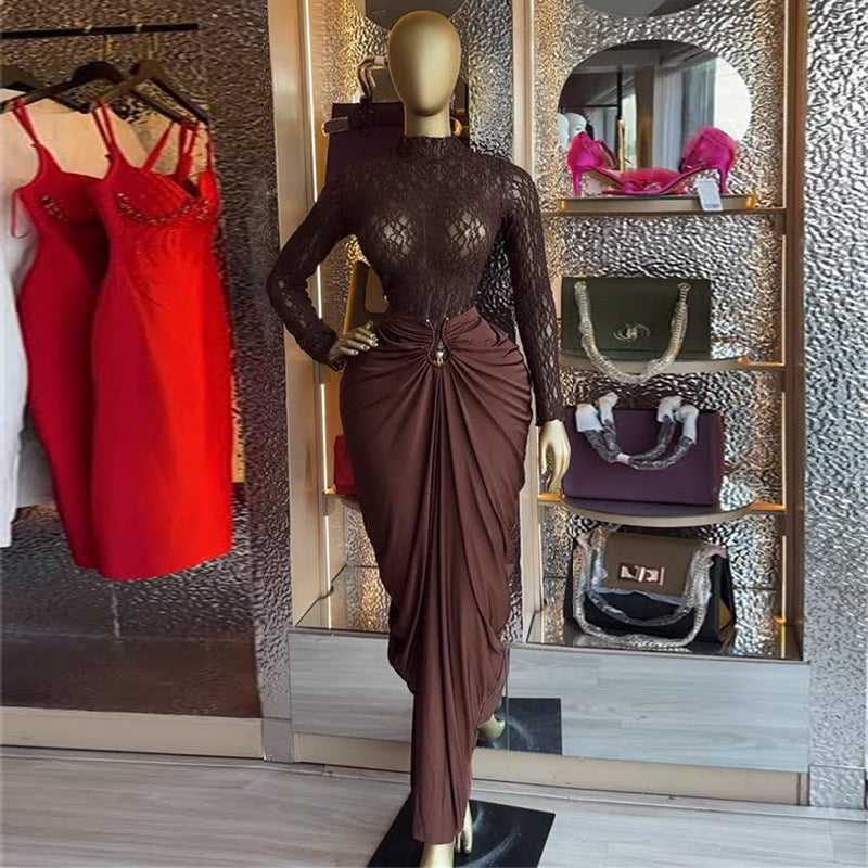 Sweet And Fresh Long-sleeve High-neck Lace Top With A High-waisted Sheath Skirt