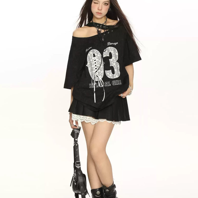 Lace Strap Shoulder Short Sleeve Slimming Off-shoulder