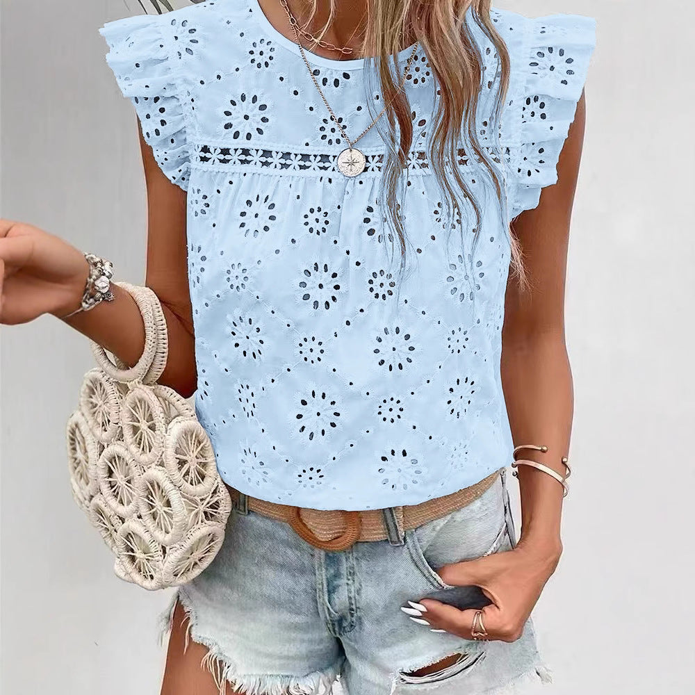 Women's Ruffled Sleeveless T-shirt Fashion Hollowed-out Pullover