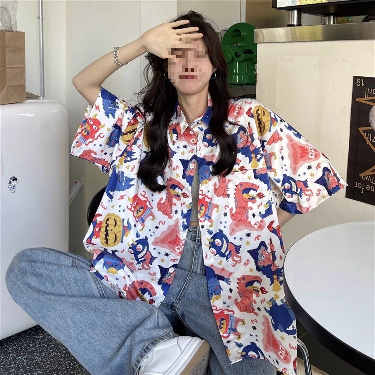 Summer Retro Full Printed Short-sleeved Shirt For Women