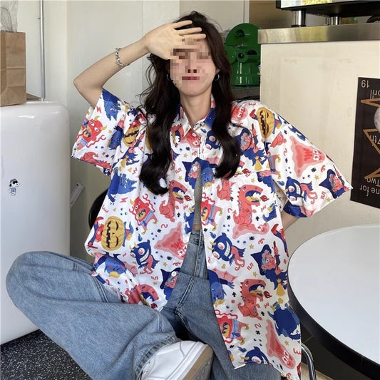Summer Retro Full Printed Short-sleeved Shirt For Women