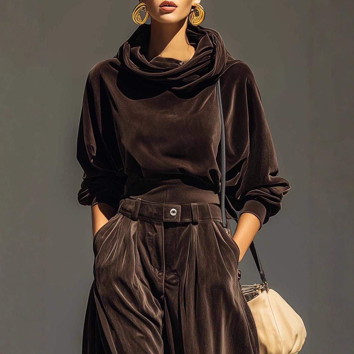 Velvet Hooded Long-sleeve With Tapered Pants Casual Set For Women
