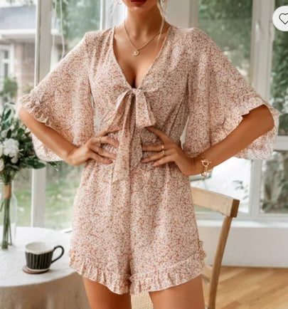 Ladies V-neck High-waisted Floral Wide-leg Pants