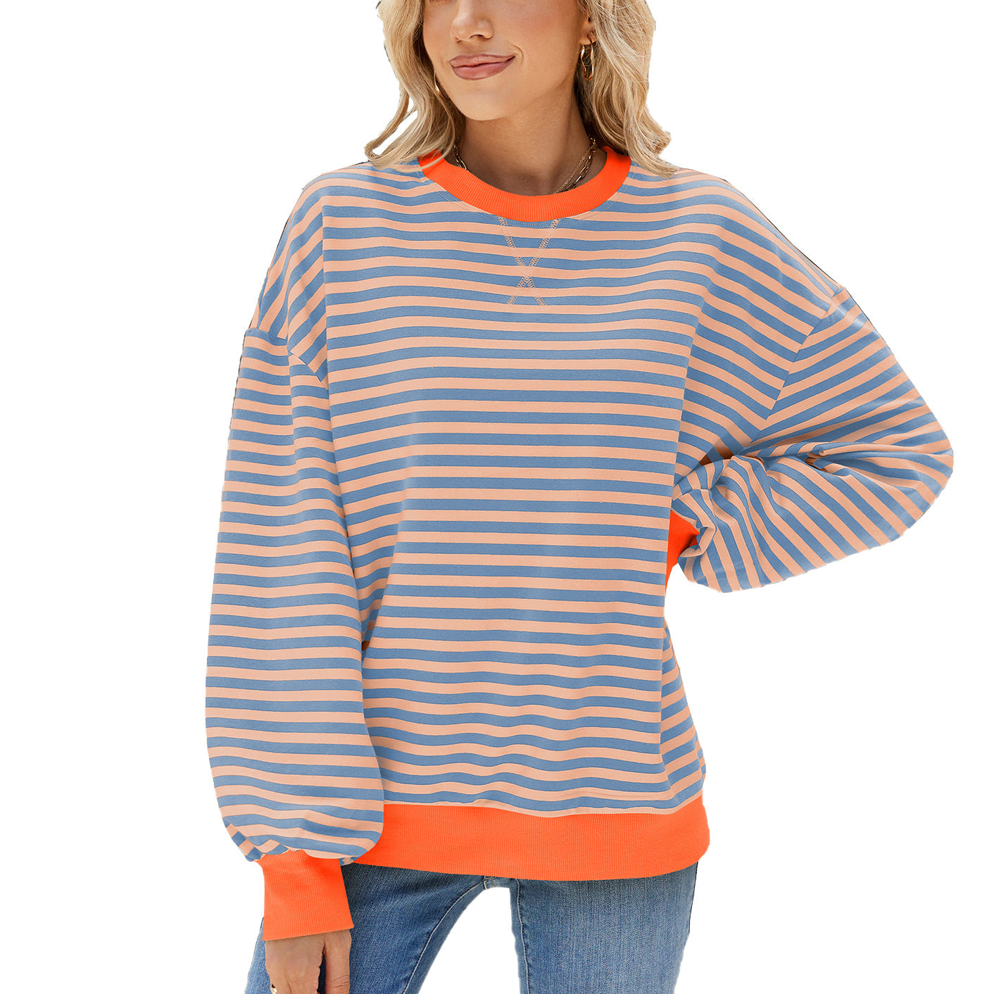 Kvinder Stribet Rund Hals Kontrastfarve Løs Langærmet Sweatshirt