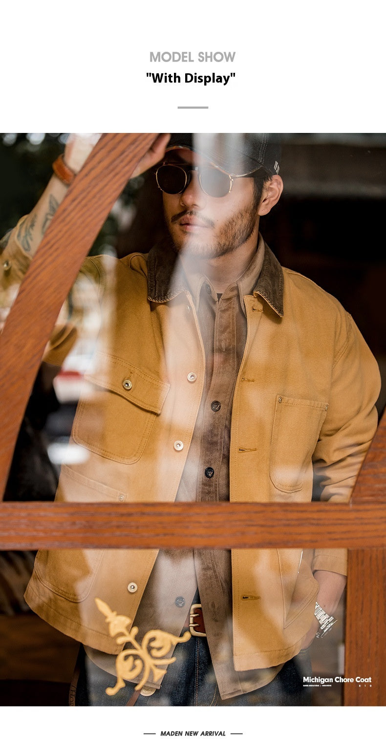 Retro Heavy Canvas Workwear Jacket Lapel Multi-pocket Jacket
