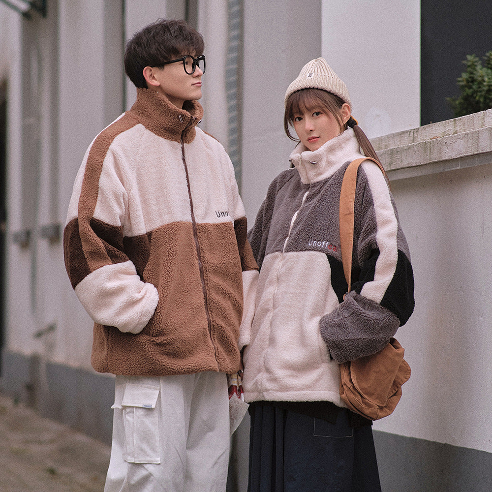 Lovers Lazy Style Color Matching Loose Lamb Down Thick Cotton Jacket
