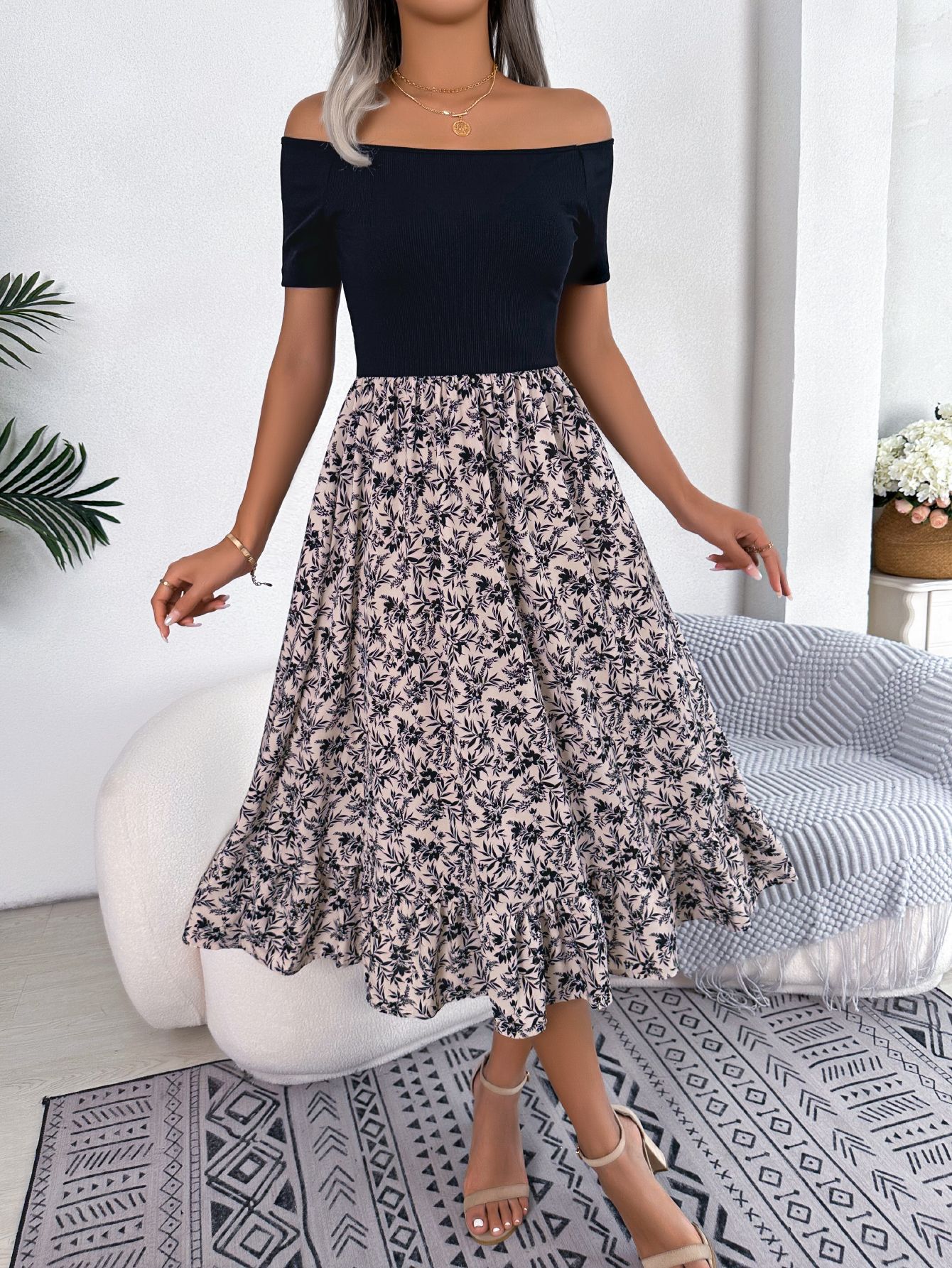 Women  Casual Off Shoulder Floral Print Ruffle Midi Dress